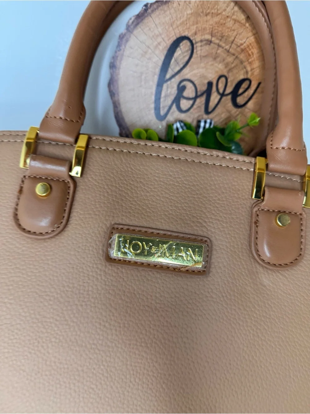 Joy & Iman Peach-Tan Dome Satchel with Gold Hardware